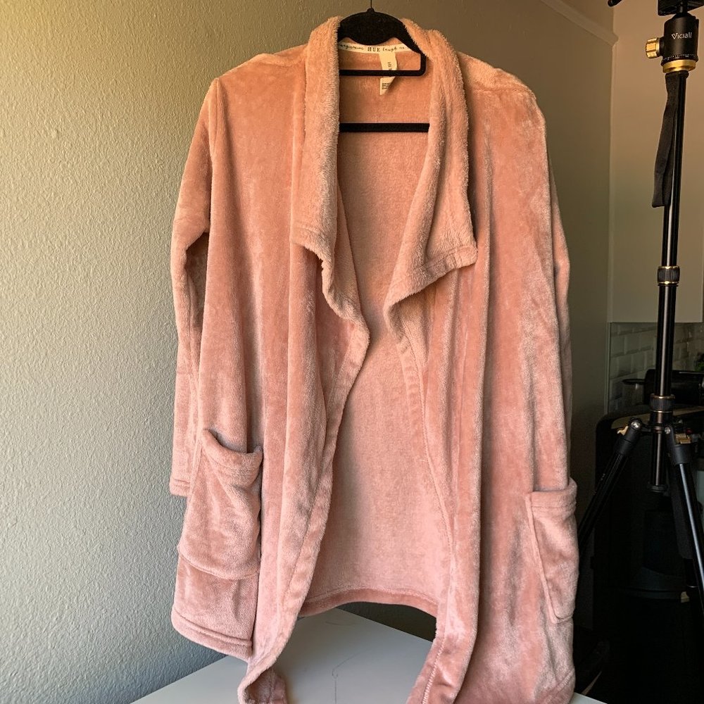 HUE Women's Pink Fuzzy Sweater Front Open Size S-M